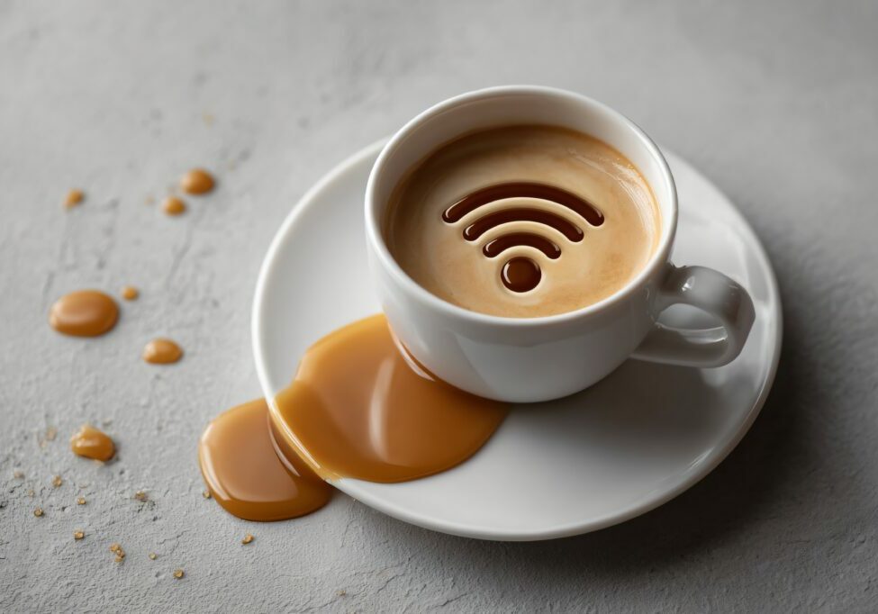 Stay Connected Coffee Break with Wi-Fi Symbol in Spilled Latte Art - Digital Nomad Lifestyle Concept
