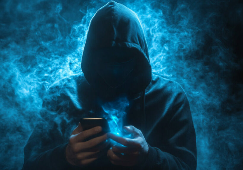 Hacker with smartphone in the darkness.