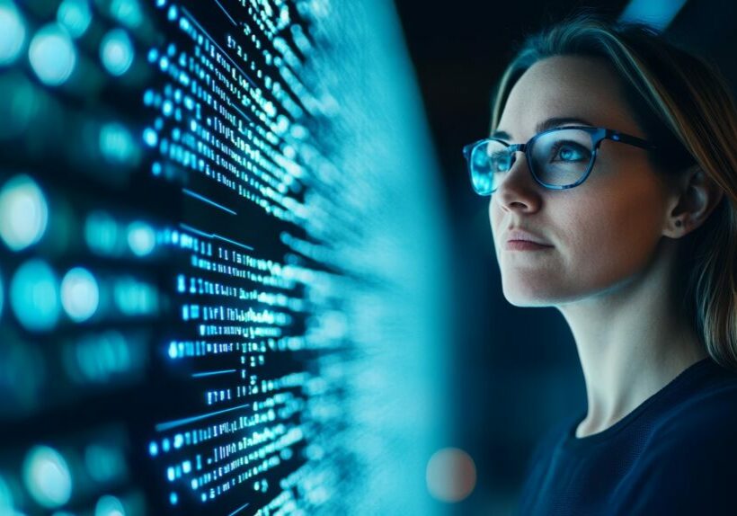Woman in tech, illuminated by blue data light, focused on advanced cybersecurity systems, Generative AI